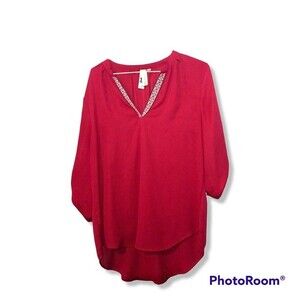 Society Girl Embroidered Ribbon Trim Tunic Blouse-Size XL-Roll Tab Sleeves-Boho